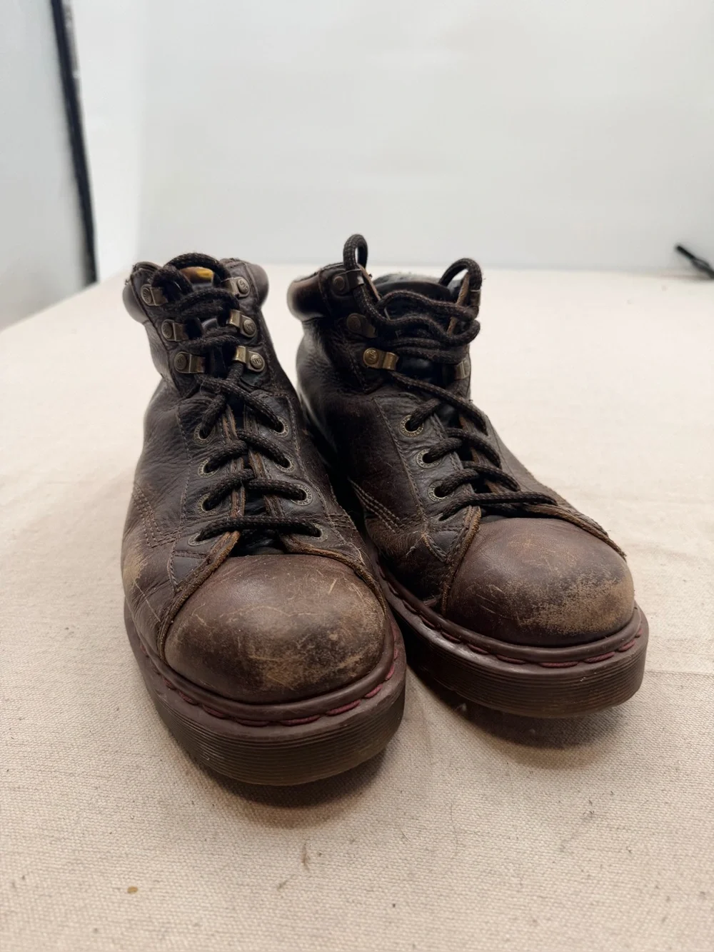 Dr. Martens Dark Brown Leather Ankle Boots with Yellow Heel Loops